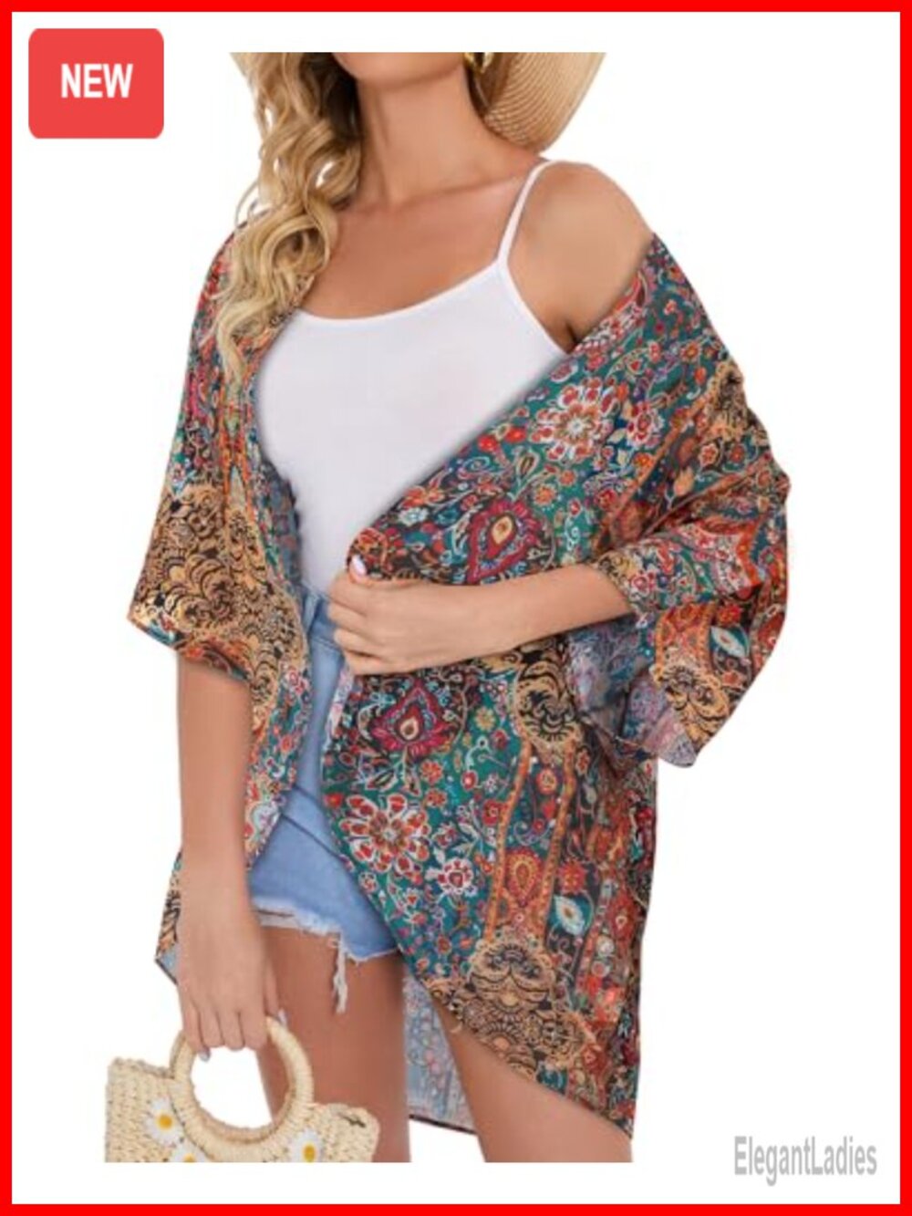 Floral Print Puff Sleeve Kimono Cardigan Loose Cover Up Blouse Top - Picture 3 of 6